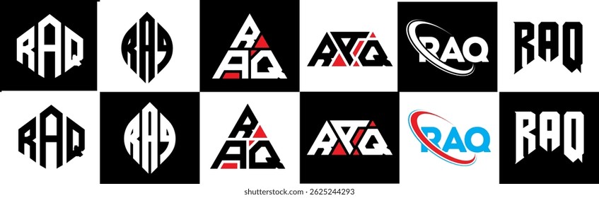 Diseño de logotipo de letra RAQ en seis estilos. Polígono RAQ, círculo, triángulo, hexágono, estilo plano y simple con logo de letra de variación de color blanco y negro en una mesa de trabajo. Logotipo minimalista y clásico de RAQ