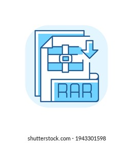 RAR file blue RGB color icon. Archive file format. Data compression. Error recovery. File spanning. Archiver. Storing information in compressed form. Data container. Isolated vector illustration