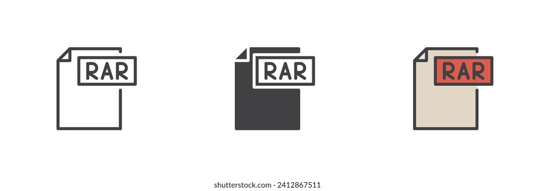 RAR file different style icon set. Line, glyph and filled outline colorful version, outline and filled vector sign. Symbol, logo illustration. Vector graphics