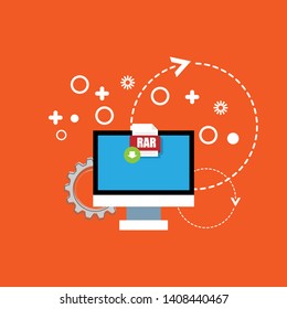 RAR file - download concept.RAR file icon on pc screen. Download RAR button on laptop screen.Downloading RAR document concept.
