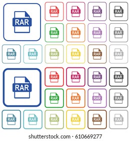 RAR file format color flat icons in rounded square frames. Thin and thick versions included.
