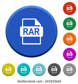 RAR file format round color beveled buttons with smooth surfaces and flat white icons
