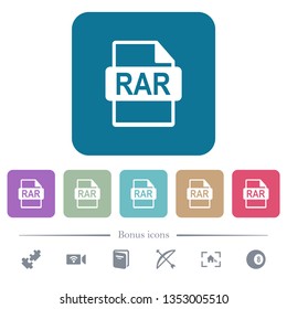 RAR file format white flat icons on color rounded square backgrounds. 6 bonus icons included