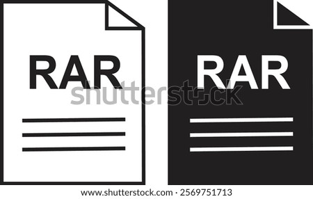 RAR file icon set. RAR file type symbol. File RAR format icon in black filled and outlined style isolated on transparent background. Ideal for technology or data related content, vector illustration.