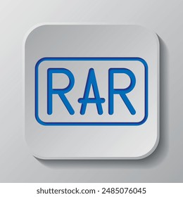 RAR simple icon vector. Flat design. Paper cut design. Cutted blue symbol with shadow. Gray badge button, gray background.ai