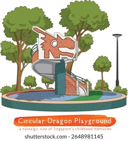 A rare 1980s relic, the circular dragon playground features a coiled mosaic dragon hugging a stone slide-an iconic piece of Singapore’s playground nostalgia.