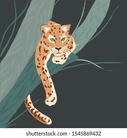 Rare animal leopard on a tree in vector, brush style