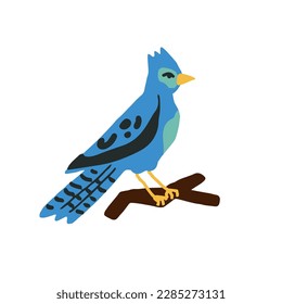 Rare and beautiful blue jaybird sitting calmly on the tree branch. Hand-drawn blue bird vector isolated illustration.
