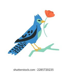 A rare and beautiful blue jaybird sitting on the tree branch and holding a flower in its beak. Hand-drawn blue bird vector isolated illustration.