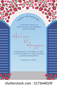 rare blue invitation with santorini greek italian theme flowers and window view with beautiful view