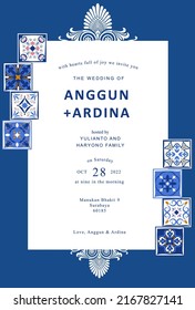 rare blue invitation with santorini theme and has an accent with vintage tile