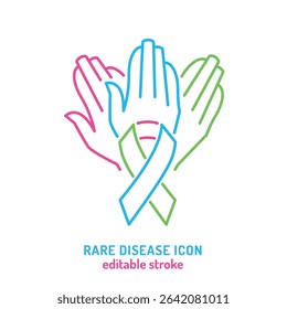 Rare disease awareness icon. Editable vector illustration with raised hands and ribbon symbolizing support and advocacy. Used in healthcare, education, campaigns, and rare condition representation.
