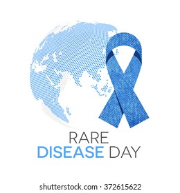 Rare disease day emblem. Blue jeans awareness ribbon and the globe in background.