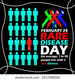 Rare Disease Day event banner. People icons with bold text, sentences and colorful ribbons on black background to commemorate on February 28