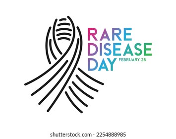 Rare Disease Day. February 28. Black line ribbon on white background. Colorful text. Poster, banner, card. Eps 10.