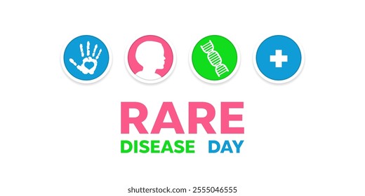 Rare Disease Day. Hand, children, dna, and plus icon. Great for cards, banners, posters, social media and more. White background.  