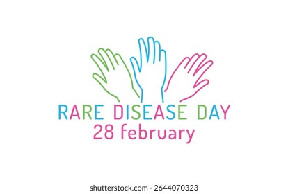 Rare Disease Day icon. Editable vector illustration with colorful raised hands and campaign text. Celebrating global awareness, solidarity, and support for rare condition communities on February 28.