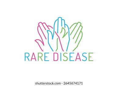 ícone Dia das Doenças Raras. Ilustração vetorial editável com mãos levantadas coloridas e texto de campanha. Celebrando a conscientização global, a solidariedade e o apoio às comunidades de doenças raras em 28 de fevereiro.