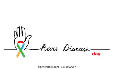 Rare disease day simple vector background. Colorful ribbon and hand with lettering Rare disease.