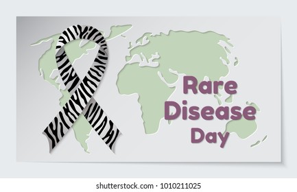 Rare Disease Day theme. Postcard or banner with a map cut out in paper, a zebra-print ribbon and reminding an inscription. Vector illustration