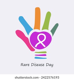 Rare Disease Day vector, illustration. Colorful hand and ribbons design concept.