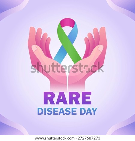Rare Disease Day vector illustration with open hands holding a multicolor awareness ribbon, symbolizing support, care, and hope for people living with rare diseases.