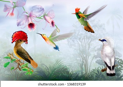 Rare exotic tropical birds and hummingbird on a rainforest background. Vector mesh and curves illustration