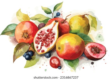 Rare fruits watercolor white background