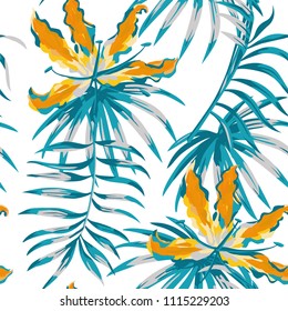 Rare tropic flowers orange gloriosa painting blue color palm banana leaves seamless pattern white background