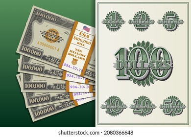 Rare US banknotes, 100,000 dollars in bank bundles. Denominations of one, two, five, ten, 20, 50 and 100 dollars