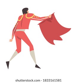 Rare View Man Bullfighter, Toreador Character Dressed in Red Costume, Spanish Bullfighting Traditional Performance Cartoon Style Vector Illustration