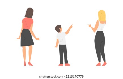 Rare view of young women and girl pointing with fingers at something set cartoon vector illustration