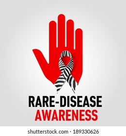 Rare-Disease Awareness sign sign.  Red hand with zebra-print ribbon on grey background