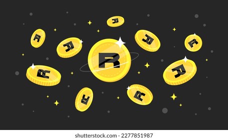 Rarible coins falling from the sky. RARI cryptocurrency concept banner background.