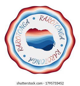 Rarotonga badge. Map of the island with beautiful geometric waves and vibrant red blue frame. Vivid round Rarotonga logo. Vector illustration.