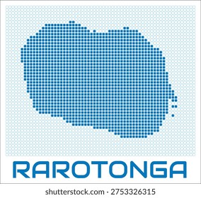 Rarotonga digital style map with blue rounded rectangle dots. Cook Islands. Dotted shape of the island. Rarotonga blue colored map and title on white background. Classy Vector Illustration.
