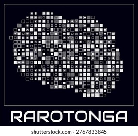 Rarotonga digital style map. Large square dots on dark background. Dotted shape of the island. Rarotonga map and title. Elegant vector illustration.