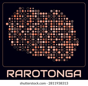 Rarotonga digital style map. Large circle dots on dark background. Dotted shape of the island. Rarotonga map and title. Modern vector illustration.