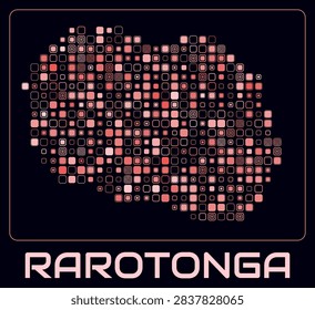 Rarotonga digital style map. Large roundedSquare dots on dark background. Dotted shape of the island. Rarotonga map and title. Amazing vector illustration.