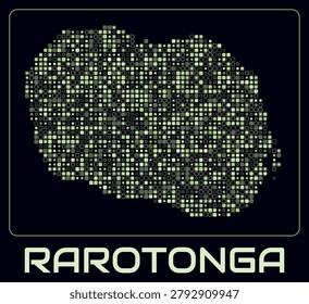 Rarotonga digital style map. Small roundedSquare dots on dark background. Dotted shape of the island. Rarotonga map and title. Classy vector illustration.