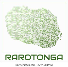 Rarotonga digital style map. Small square dots on white background. Dotted shape of the island. Rarotonga map and title. Awesome vector illustration.