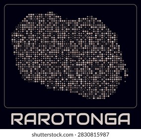 Rarotonga digital style map. Small circle dots on dark background. Dotted shape of the island. Rarotonga map and title. Creative vector illustration.