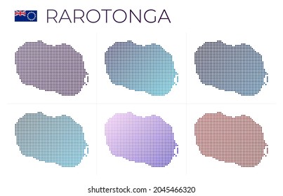 Conjunto de mapas de puntos de Rarotonga. Mapa de Rarotonga en estilo punteado. Las fronteras de la isla están llenas de hermosos círculos de gradientes lisos. Ilustración vectorial con estilo.