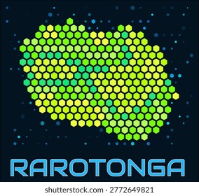 Rarotonga hexagon dots map. Cook Islands. Digital style shape of the island. Rarotonga map and title. Large green colored hexagons, sparse blue dots at background. Vector Illustration.