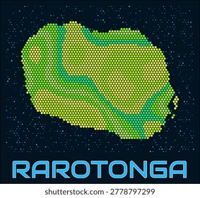 Rarotonga hexagon dots map. Cook Islands. Digital style shape of the island. Rarotonga map and title. Tiny green colored hexagons, sparse blue dots at background. Vector Illustration.