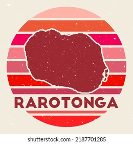 Rarotonga logo. Sign with the map of island and colored stripes, vector illustration. Can be used as insignia, logotype, label, sticker or badge of the Rarotonga.