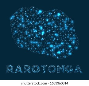 Rarotonga network map. Abstract geometric map of the island. Internet connections and telecommunication design. Radiant vector illustration.