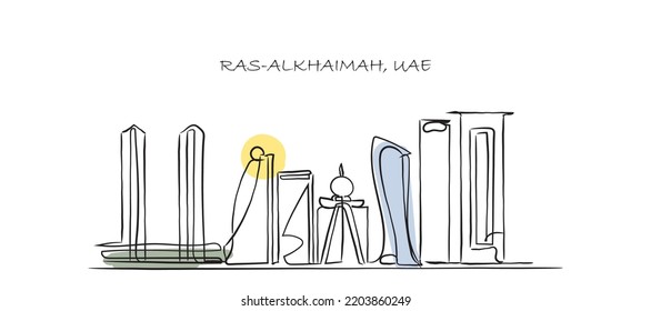 Ras Al Khaimah Ciudad panorámica de los Emiratos Árabes Unidos. Estilo de línea plana. Para banner, presentación, tarjetas, página web. Arte de línea de ilustración de vector