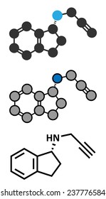 Rasagiline Parkinson's disease drug molecule. Conventional skeletal formula and stylized representations.