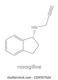 Estructura de rasagilina. Molécula del fármaco inhibidor de la MAO. Se utiliza en el tratamiento de la enfermedad de Parkinson. Fórmula química.